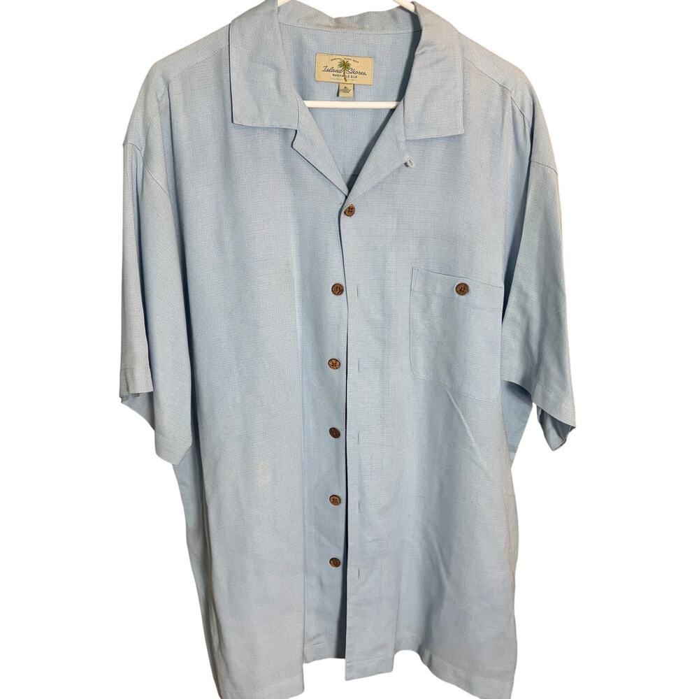 Tommy Bahama Island Shores Silk Shirt Blue Camp Shirt Blue Textured Short Sleeve